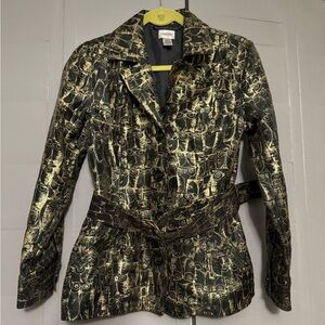 Chico’s Gold and Black Brocade Women's Jacket, Owl Design